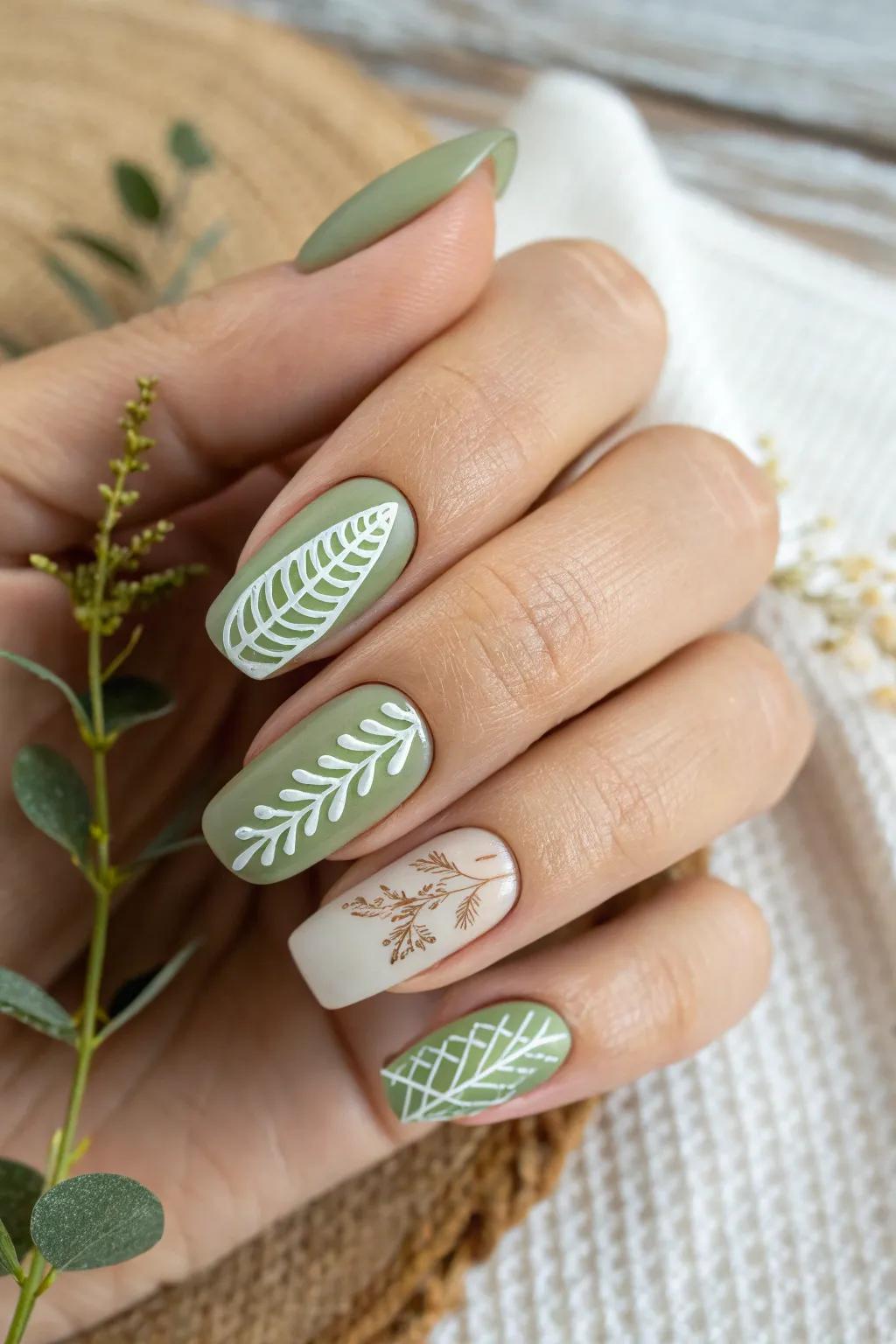 Bring nature to your fingertips with these elegant leaf and vine nail designs. 🌿 #MinimalistBeauty #ScandiBohoNails
