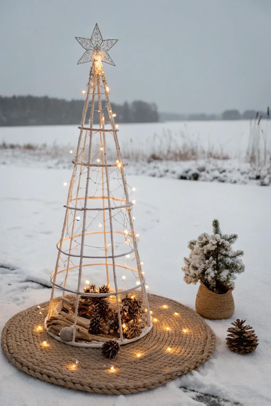 Transform your garden with this minimalist DIY tomato cage Christmas tree, bringing a touch of sparkle and Scandinavian elegance to your outdoor space.