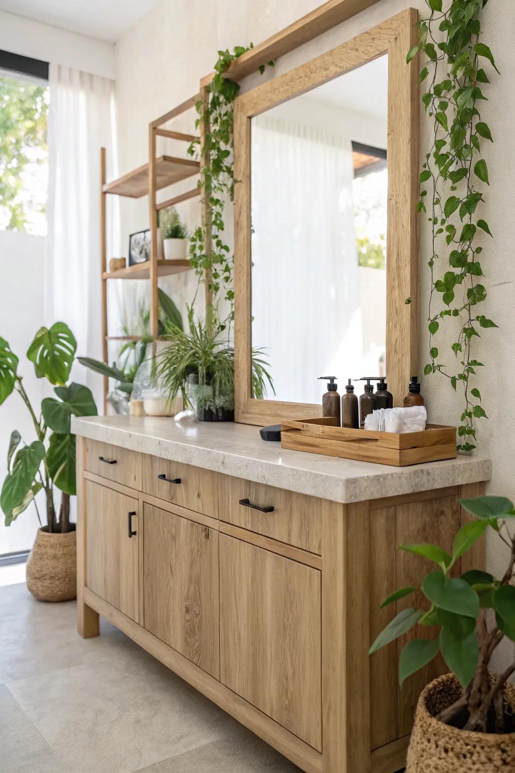 Create your own nature-inspired sanctuary with earthy tones and a touch of greenery.