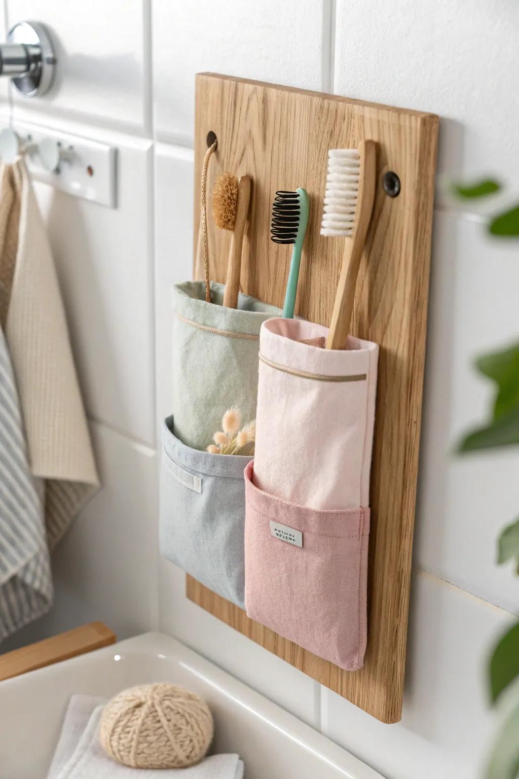 Add a touch of warmth and elegance to your bathroom with this DIY fabric pocket toothbrush holder.