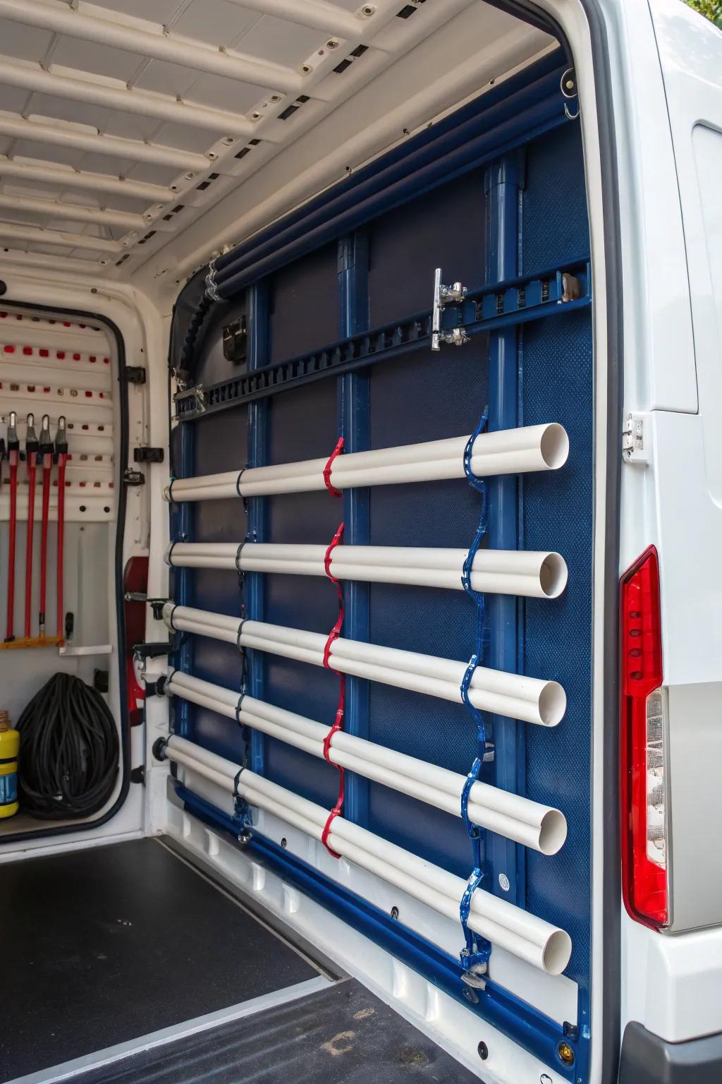Transform your work van with sleek PVC pipe storage for a clutter-free, efficient space.