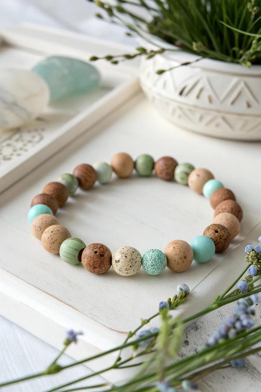 Embrace the serene beauty of nature with this earthy Easter clay bead bracelet, where simplicity meets elegance.