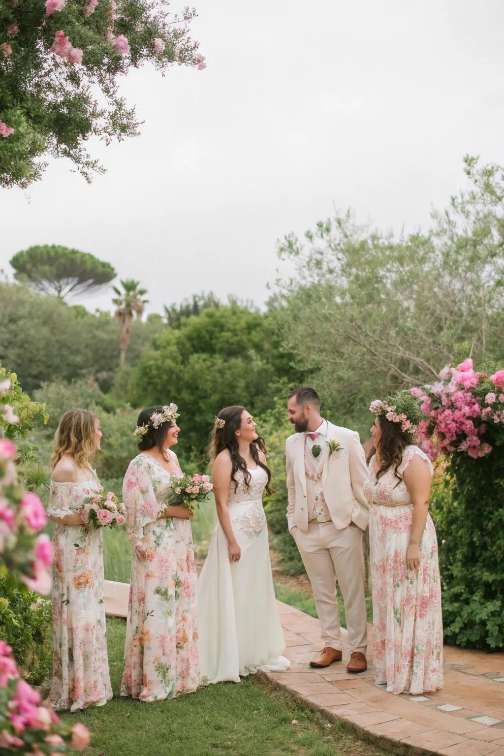 Wedding guests dressed in nature-inspired floral and pastel attire.