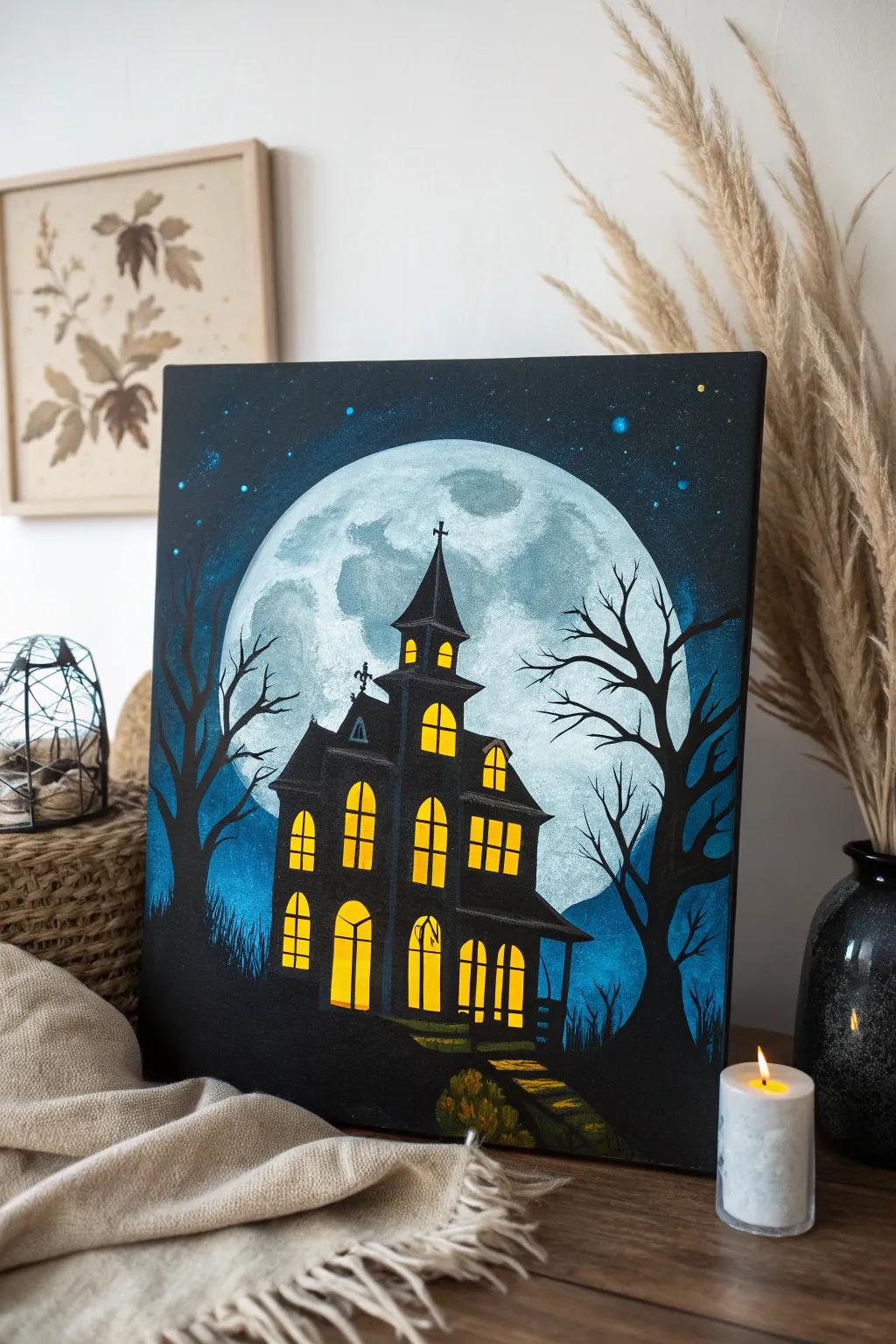 Illuminate the night with a dash of mystery: Haunted mansion with glowing windows under a full moon.