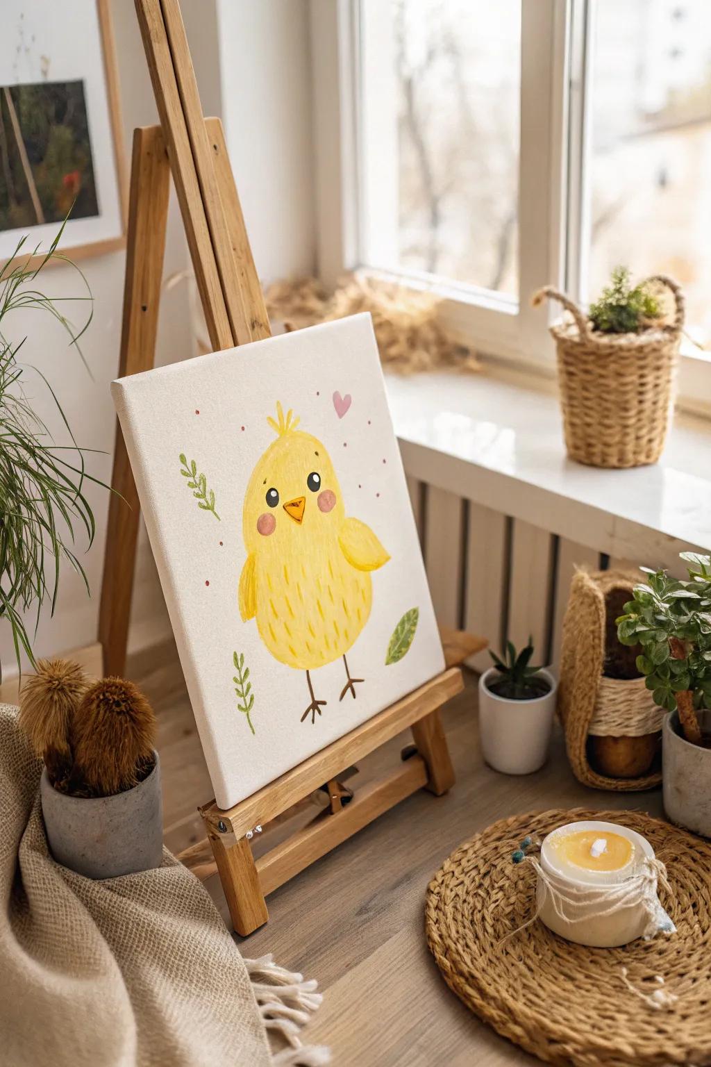 Bring festive cheer into your home with this adorable Easter chick painting—perfect for budding artists!