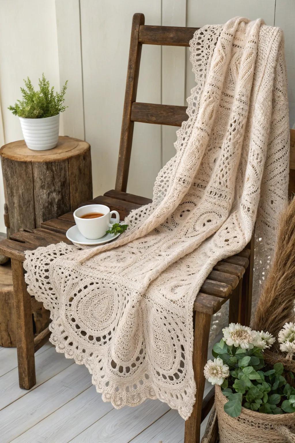 Wrap yourself in vintage elegance with this intricately laced crochet blanket, a perfect blend of simplicity and nostalgia.