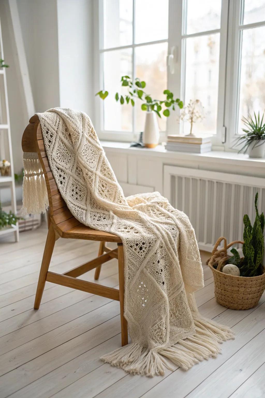 Wrap yourself in the warmth and simplicity of a handmade crochet shawl, perfect for cozy evenings.