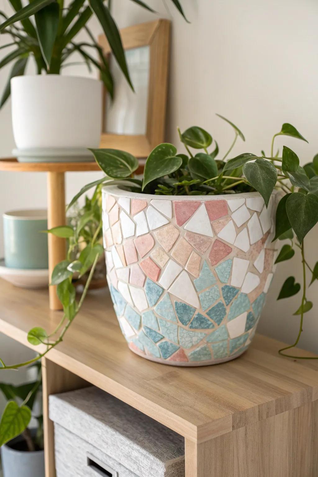 Transform your plant decor with the charm of mosaic planters, where simplicity meets artistry.