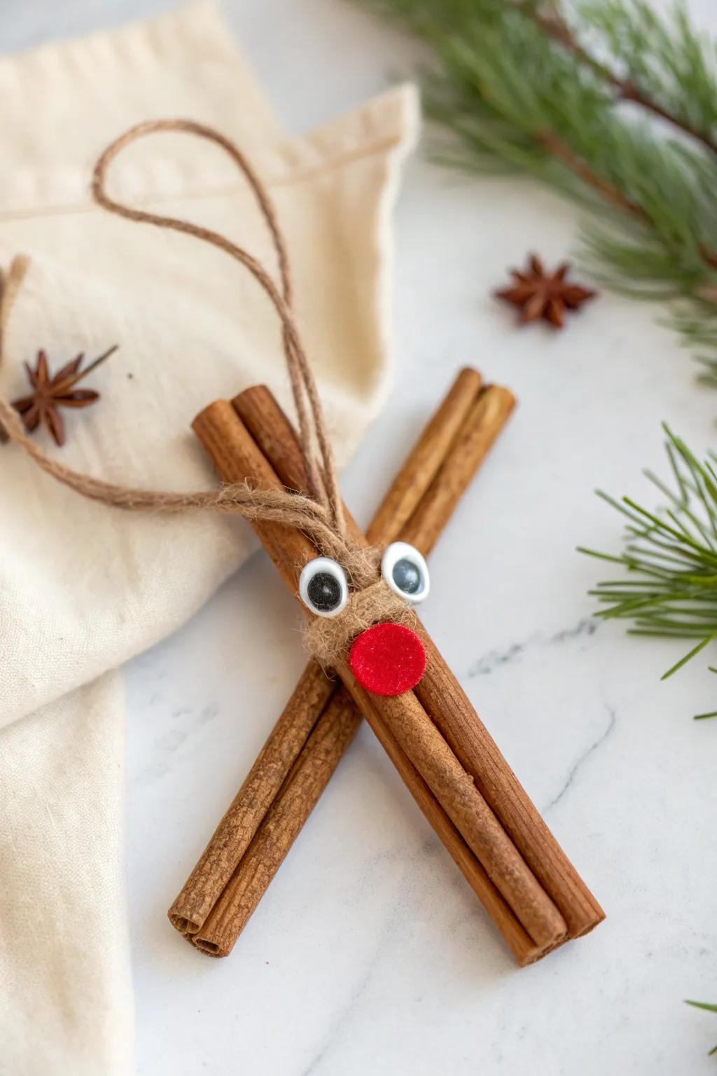 Embrace the holiday spirit with this charming cinnamon stick reindeer ornament, perfect for a touch of cozy, handmade elegance.
