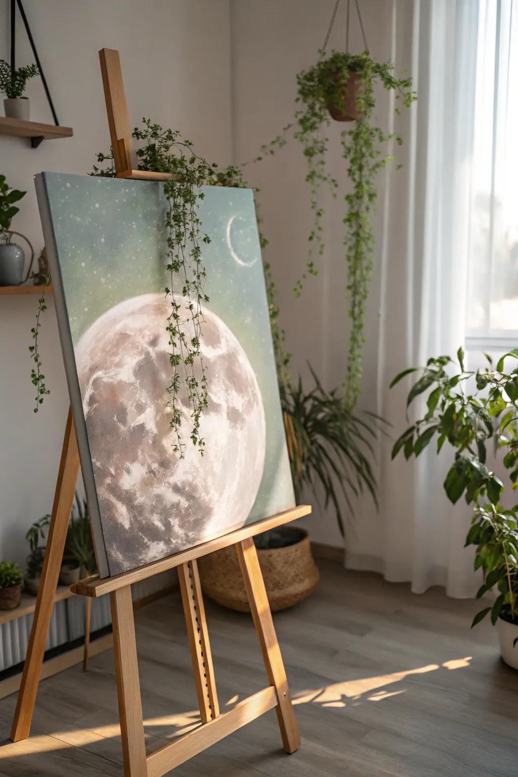 Unleash your imagination with this dreamy surreal collage painting, where celestial wonders meet earthly elegance.