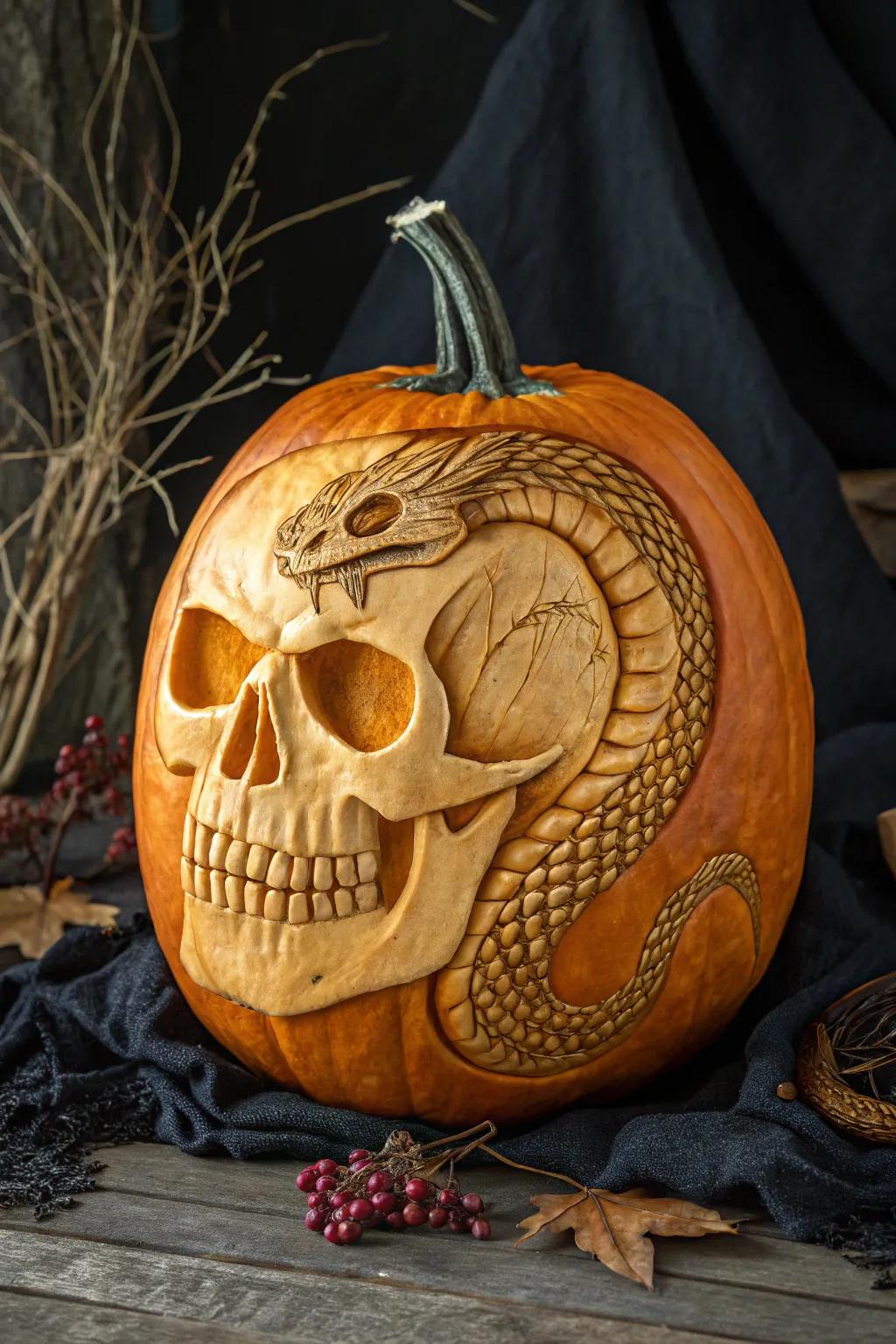 Elevate your Halloween decor with this masterfully carved skull pumpkin, entwined by a serpentine surprise.