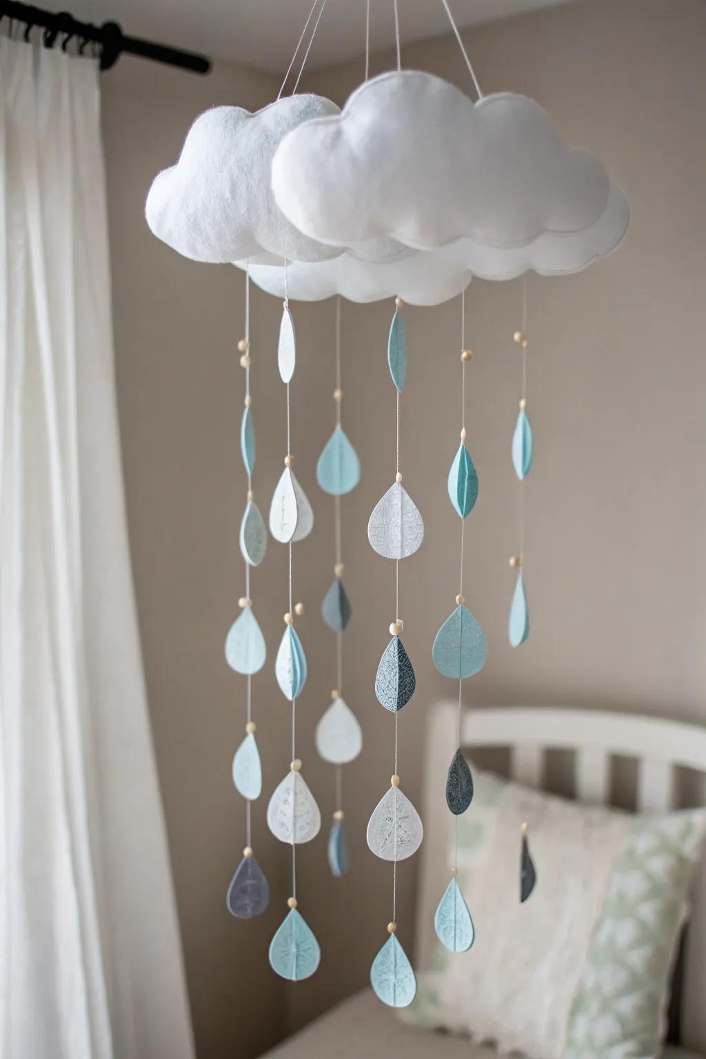 Bring the tranquility of spring showers indoors with this charming rain cloud mobile.