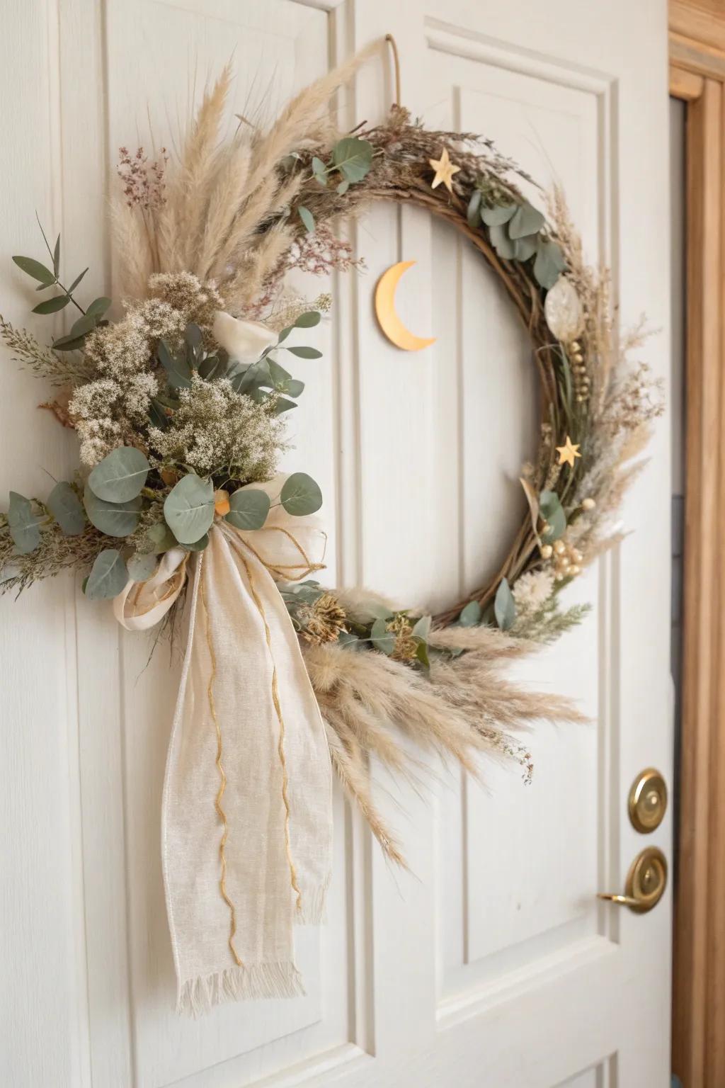 Welcome warmth and elegance to your home with this DIY Eid wreath, a perfect blend of Scandinavian simplicity and Boho charm.