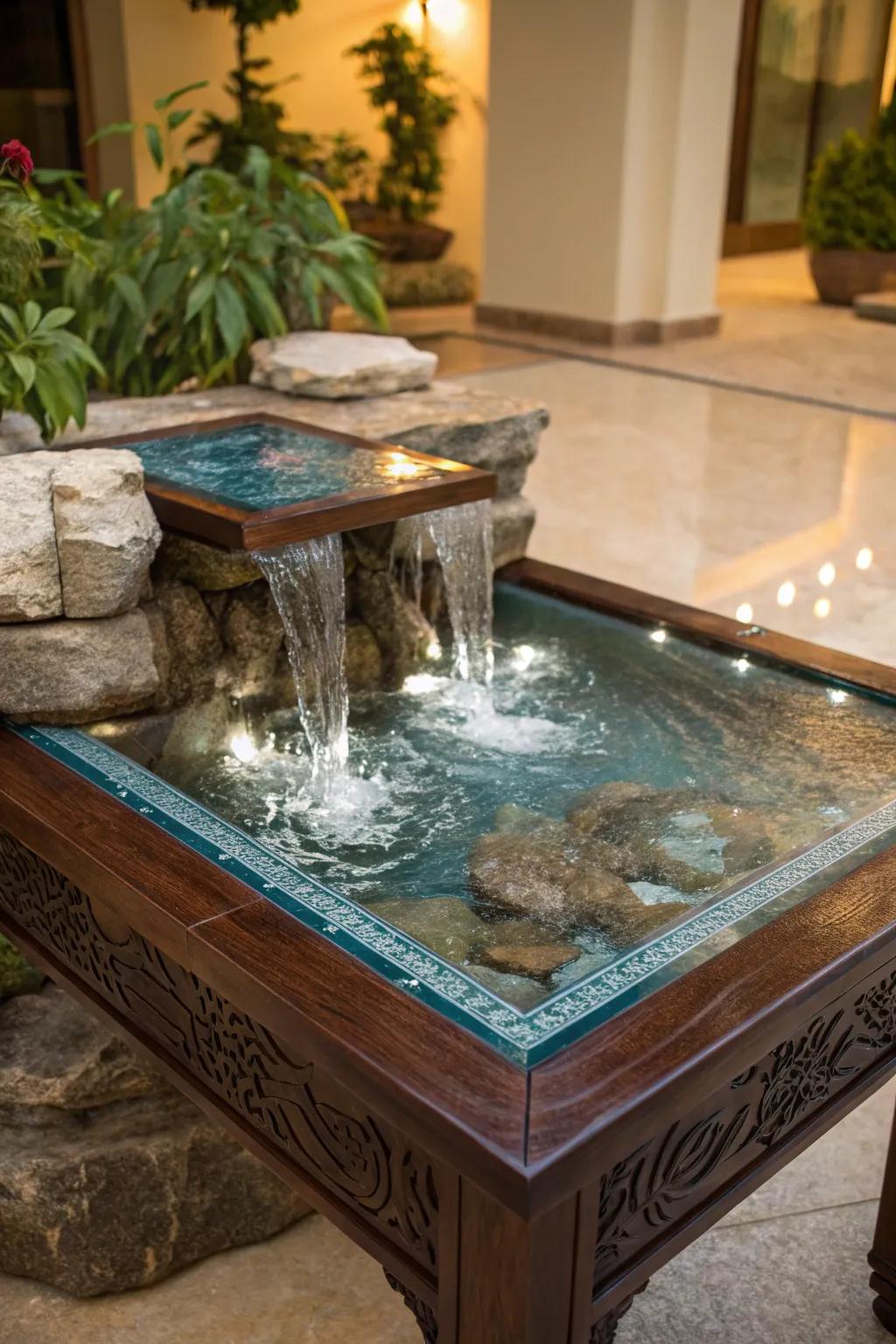 Bring serenity indoors with a meticulously crafted miniature waterfall table.