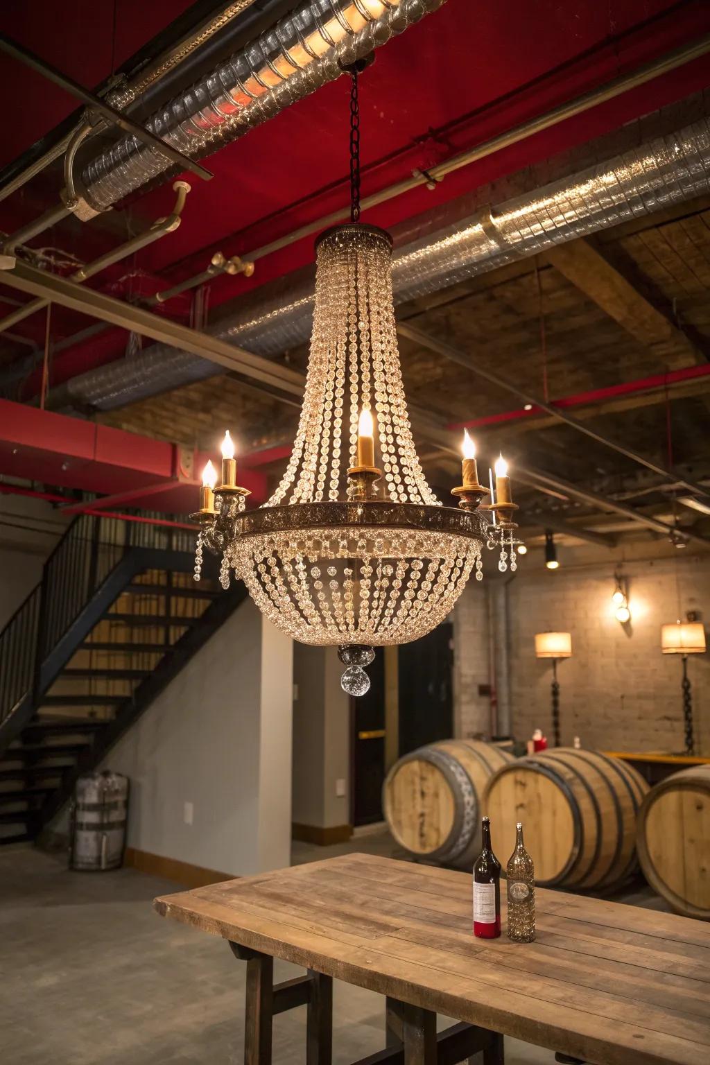 Elevate your basement's allure with a stunning chandelier that marries elegance with industrial charm.