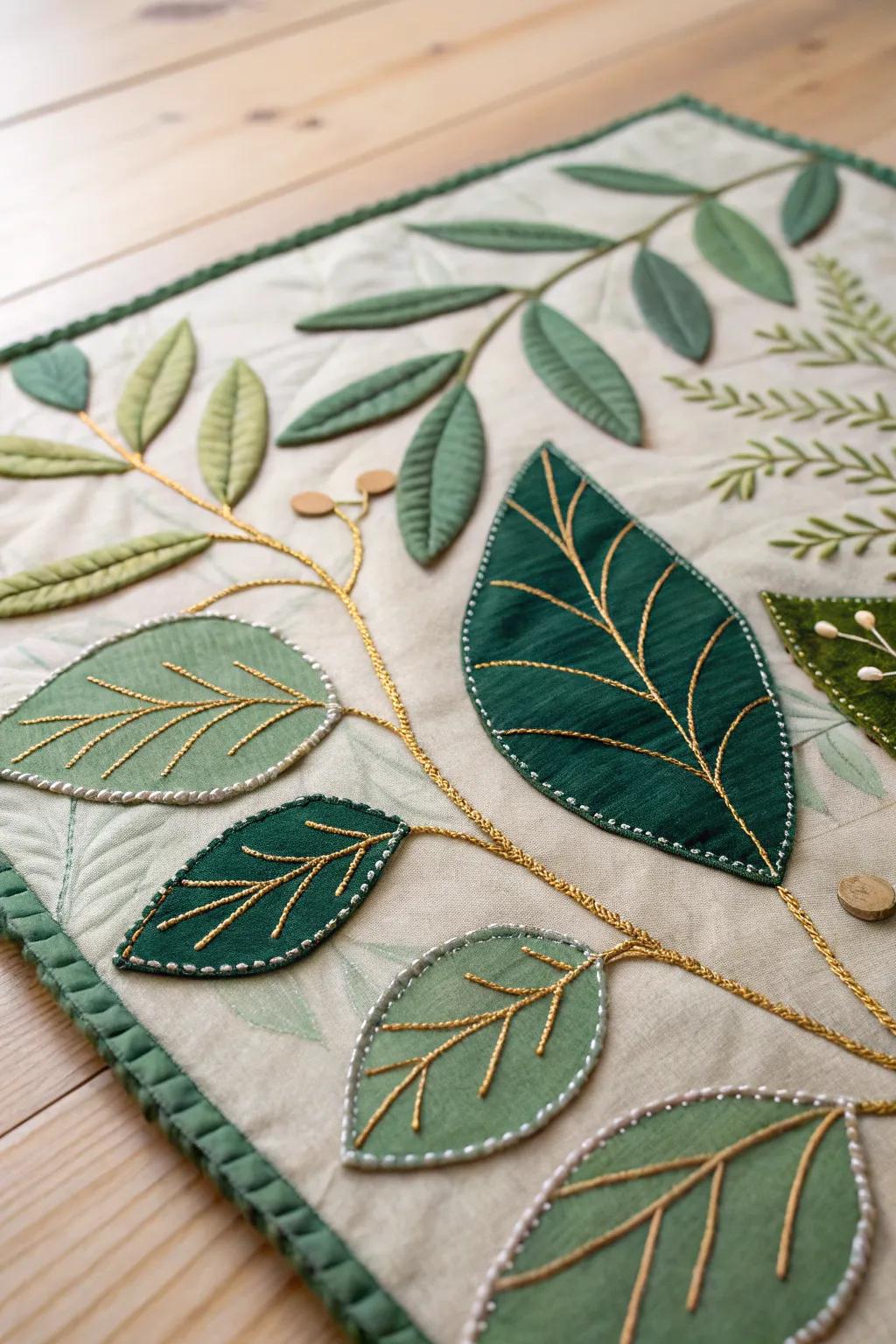 Embrace nature's elegance with this stunning fabric collage, where lush greens and golden threads intertwine.