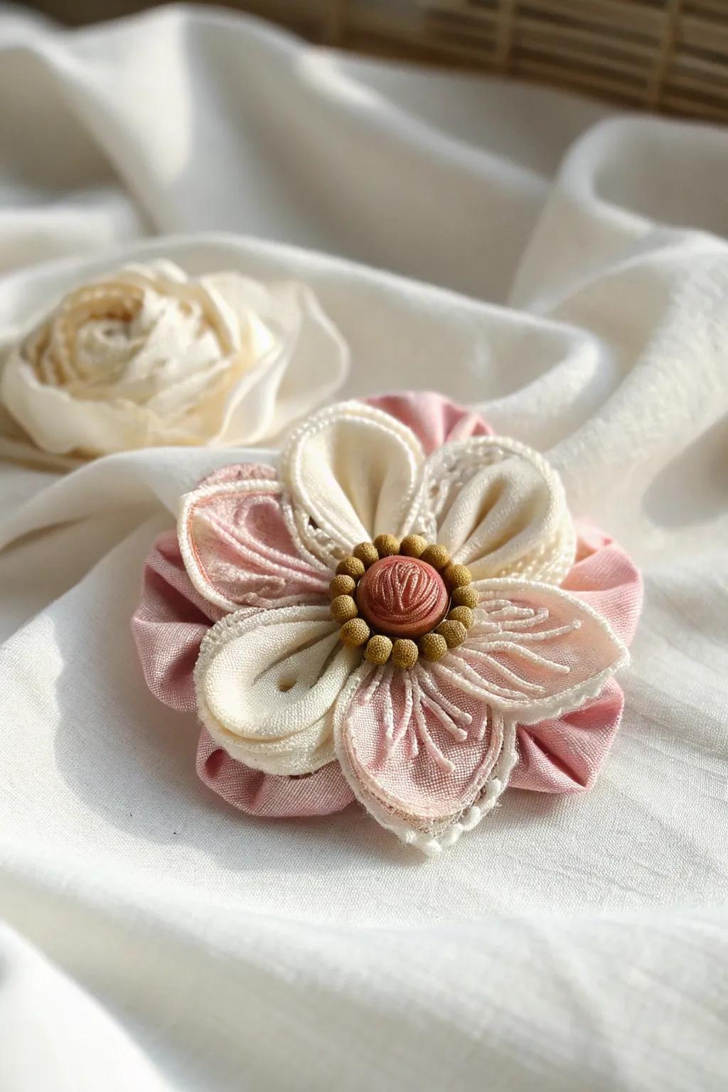 Add a touch of handcrafted elegance to your hairstyle with this fabric flower hair accessory. Perfect for any occasion!