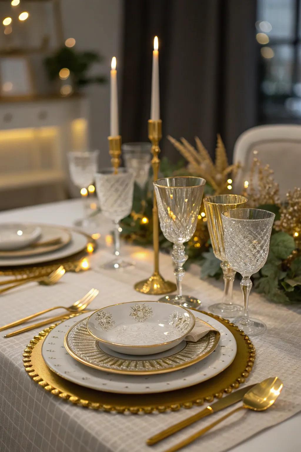 Metallic accents add a touch of opulence to the dinner table.