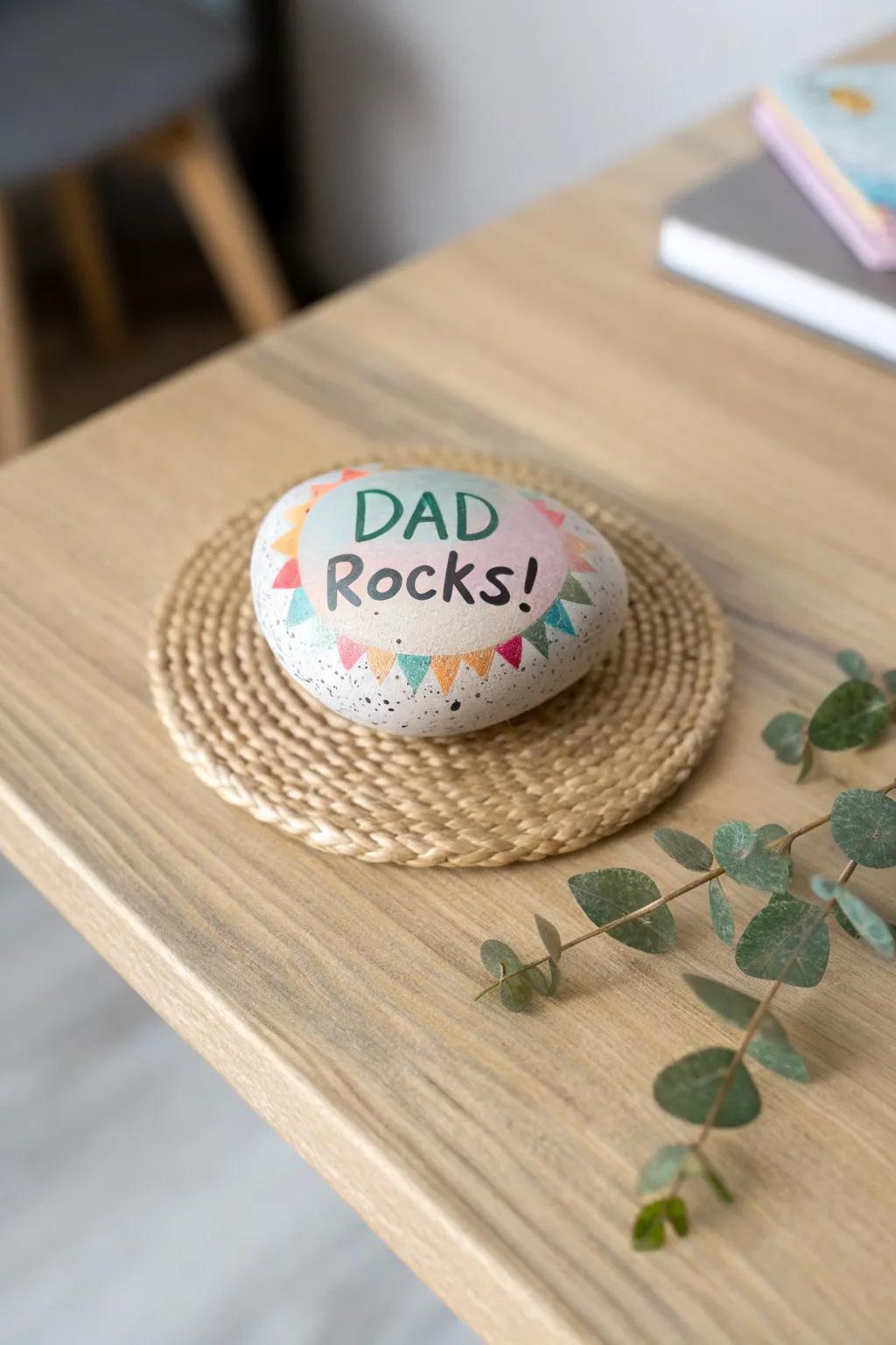 Celebrate Dad with a charming, handcrafted paperweight that says it all—because he truly rocks!