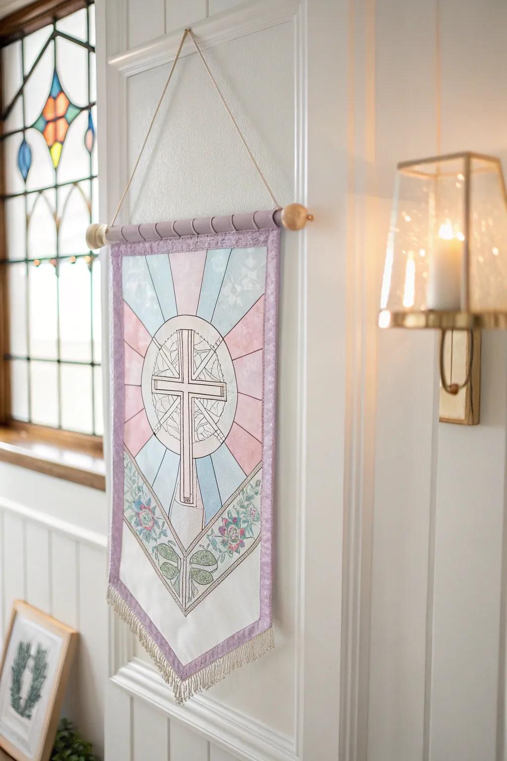 Capture the timeless beauty of a stained glass effect for your child's special day with this elegant first communion banner.