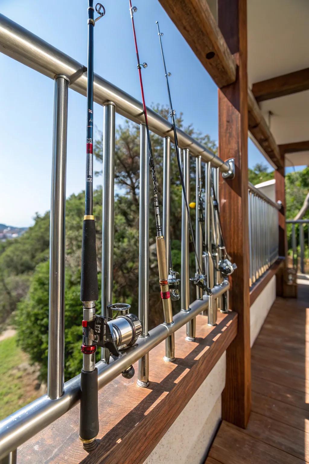 Elevate your outdoor fishing gear storage with a sleek and sturdy metal rack, built to withstand the elements and keep your rods ready for adventure.