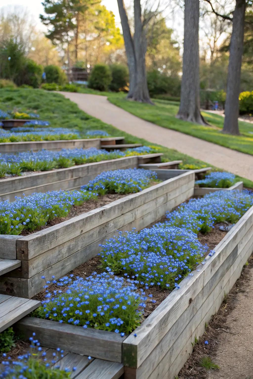 Raised garden beds feature forget-me-nots in a tiered arrangement.