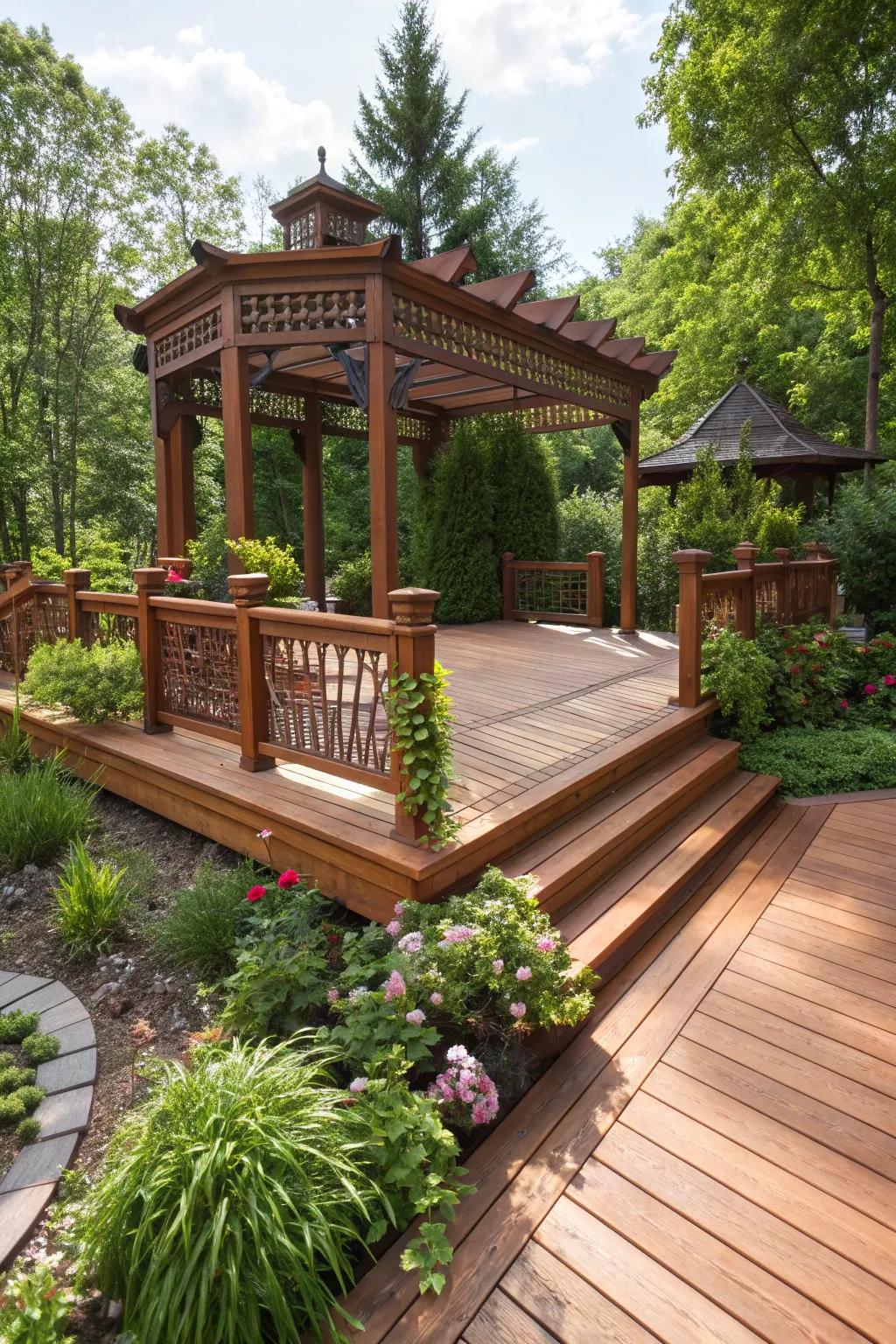 Experience the perfect blend of craftsmanship and nature with this stunning garden deck.