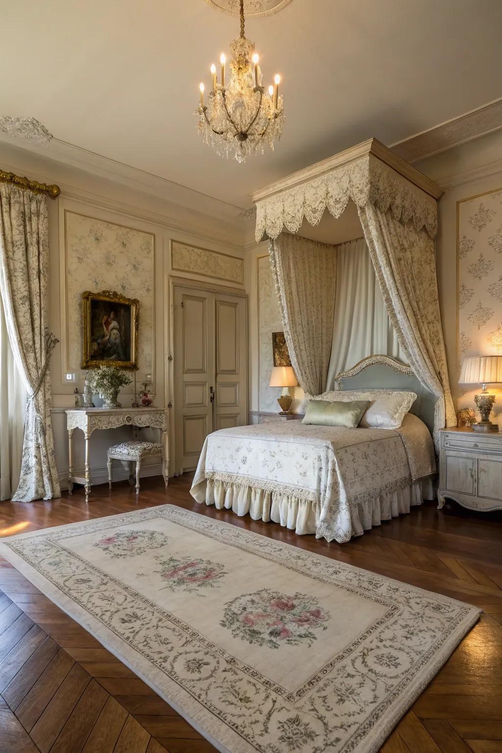 A plush rug adds warmth and texture to the French bedroom.