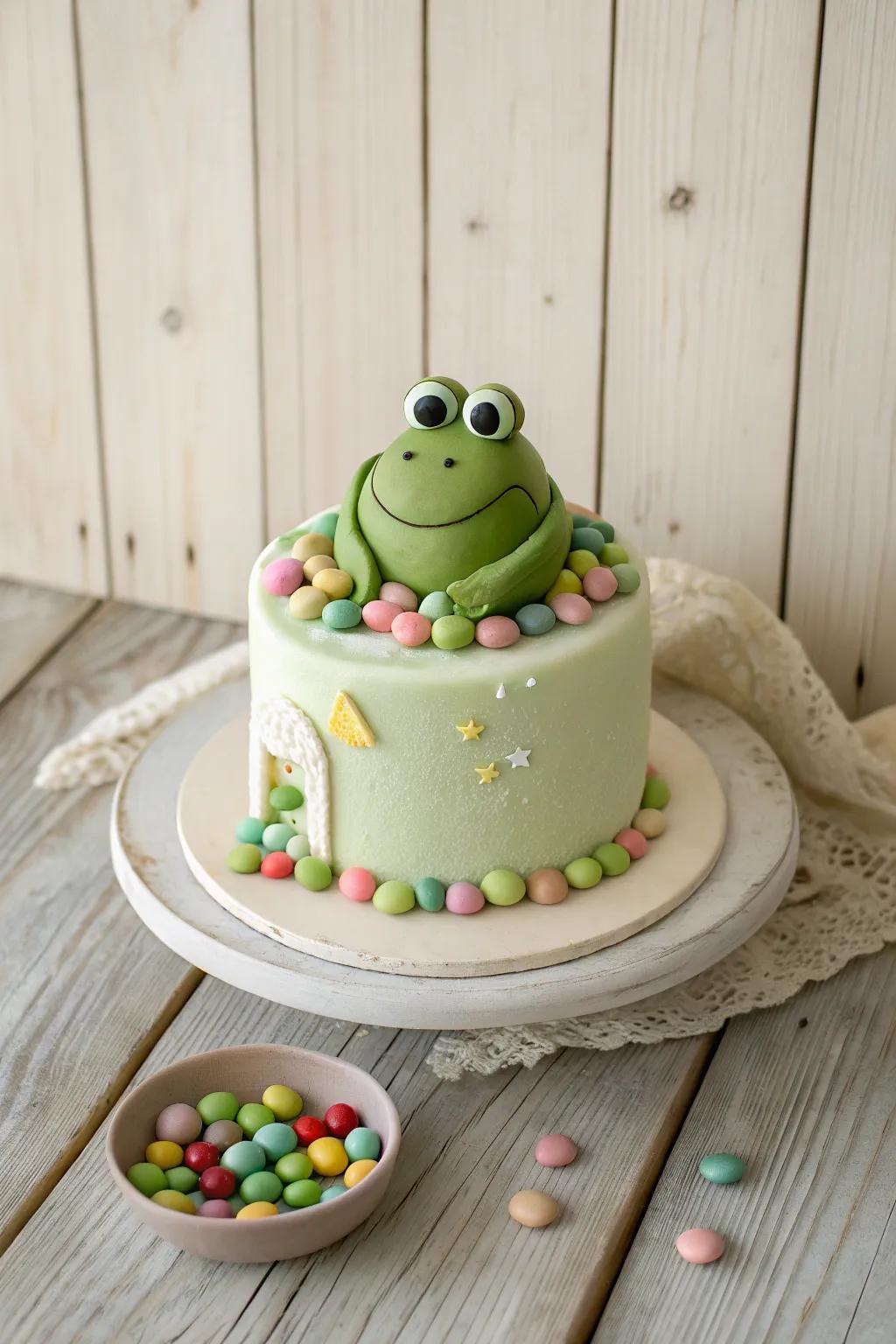 Uncover the hidden treasure in this charming frog cake—where simplicity meets surprise!