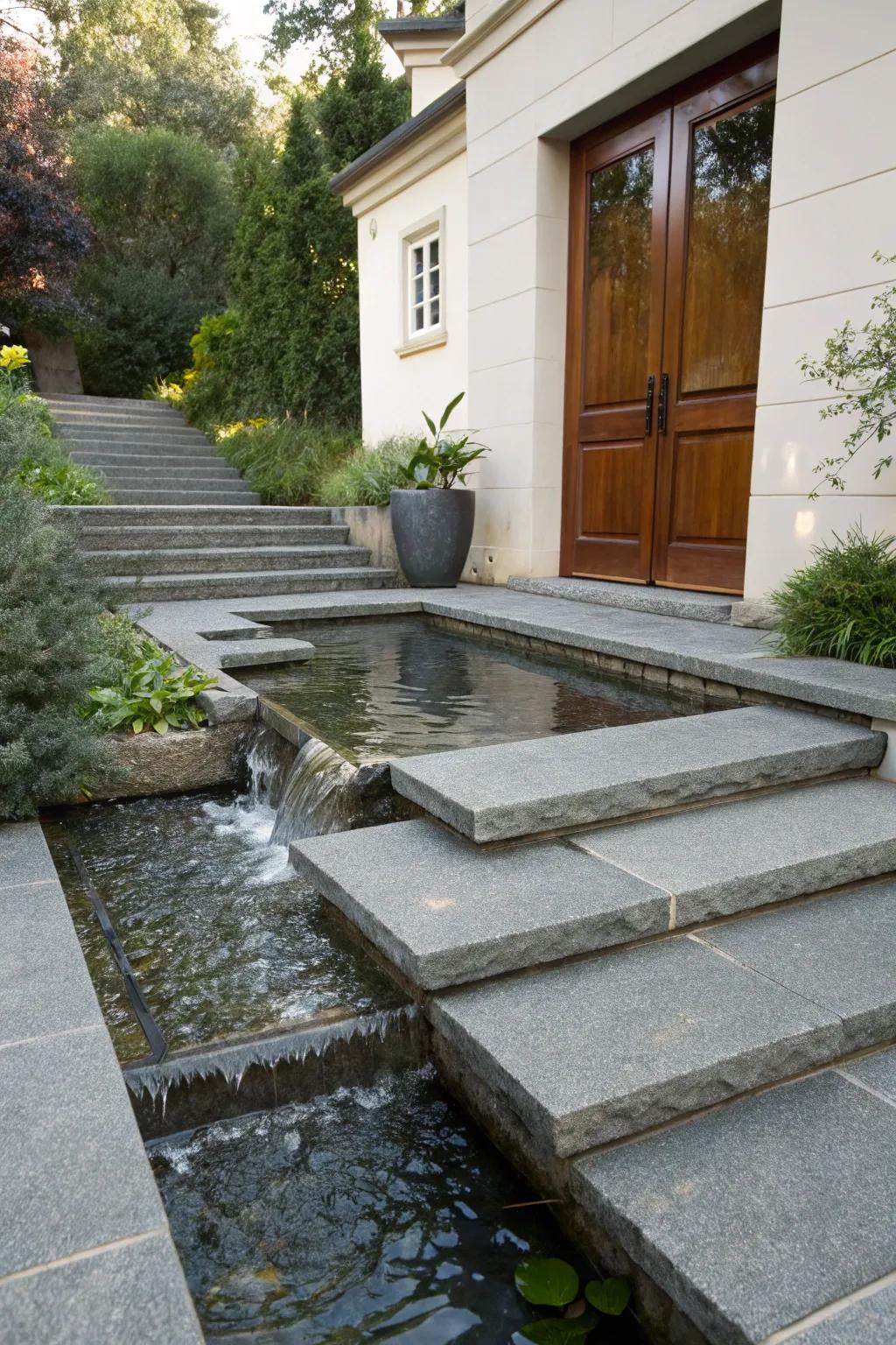 Water features add tranquility to granite steps.