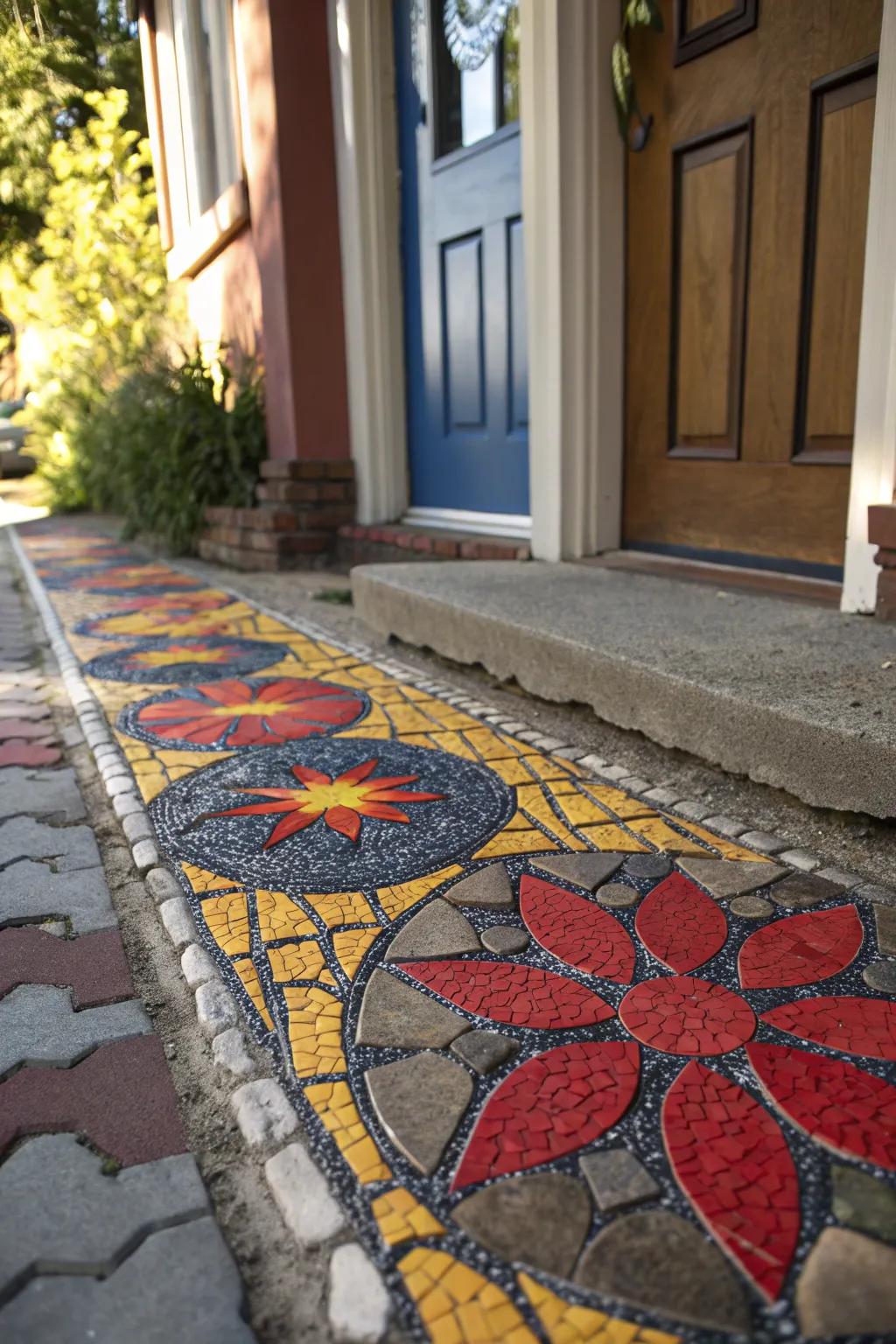 Step into artistry with a vibrant mosaic walkway that transforms your entrance into a masterpiece.