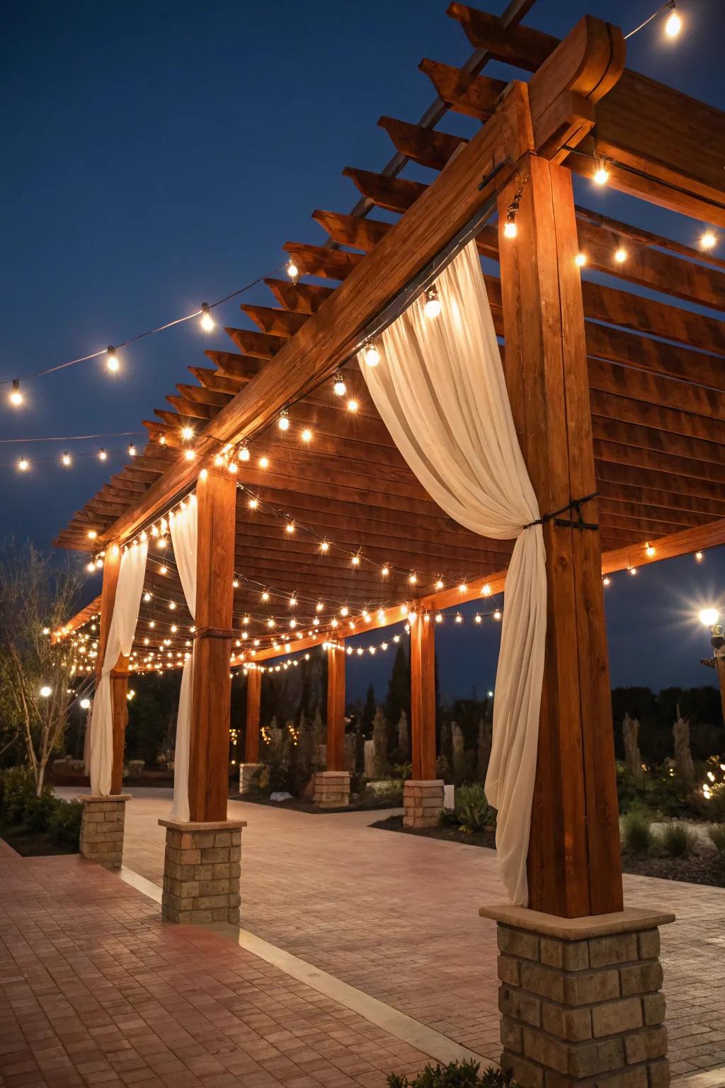 Transform your outdoor space into an evening retreat with a pergola illuminated by enchanting string lights.