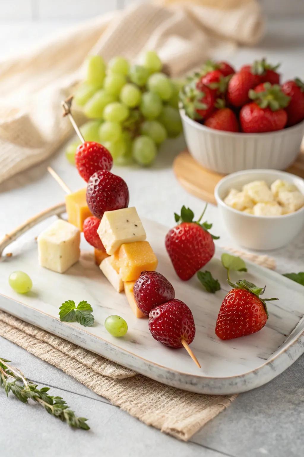 Savor the perfect balance of flavors with this cheese and fruit kabob delight.