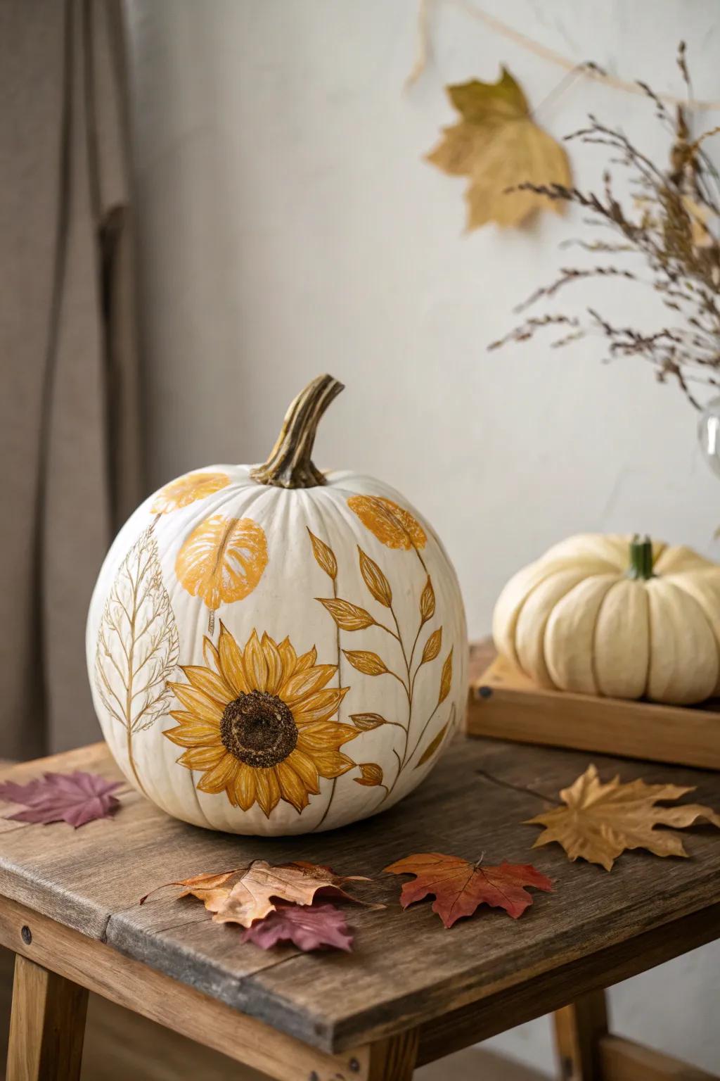 Bring a touch of summer into fall with this charming sunflower-painted pumpkin. 🌻🍂 #NatureInspired #MinimalistBeauty