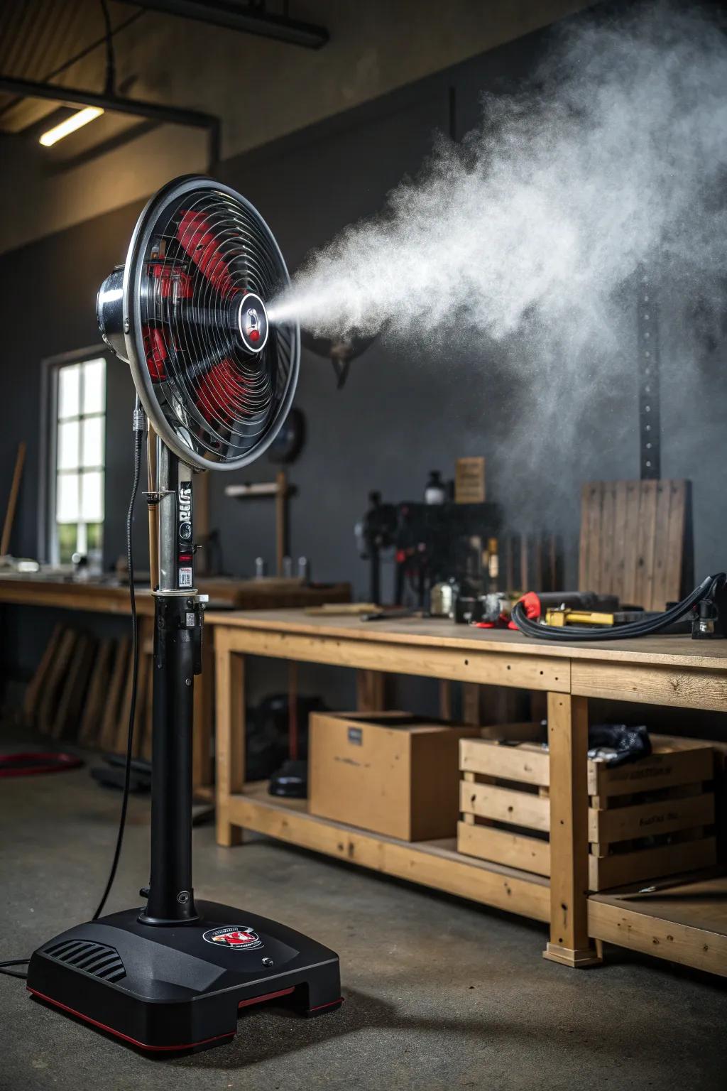 Transform your garage into a cool oasis with a sleek misting fan, perfect for beating the summer heat.