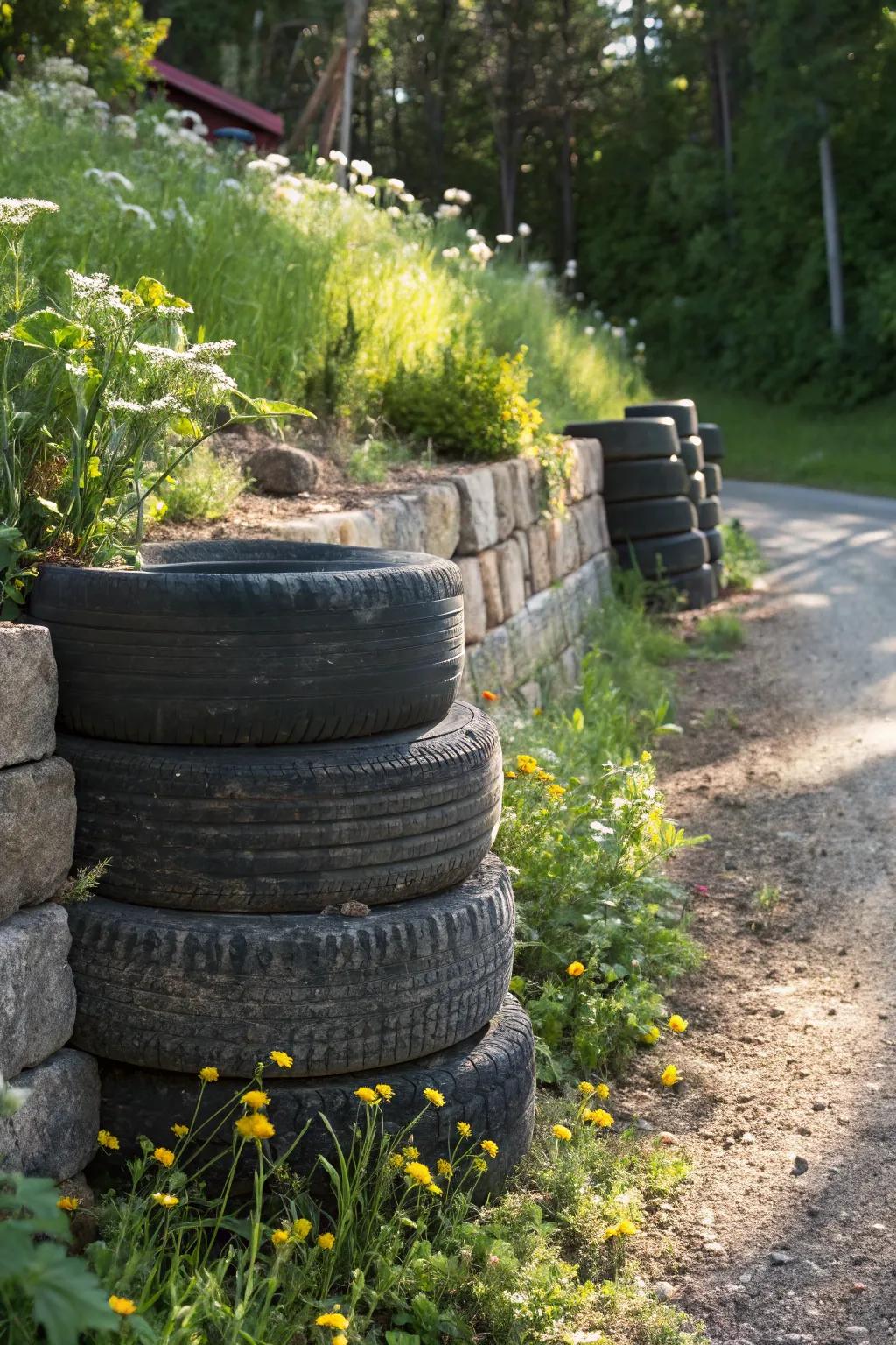 Embrace rustic charm with a tire retaining wall that blends seamlessly into your garden's natural beauty.
