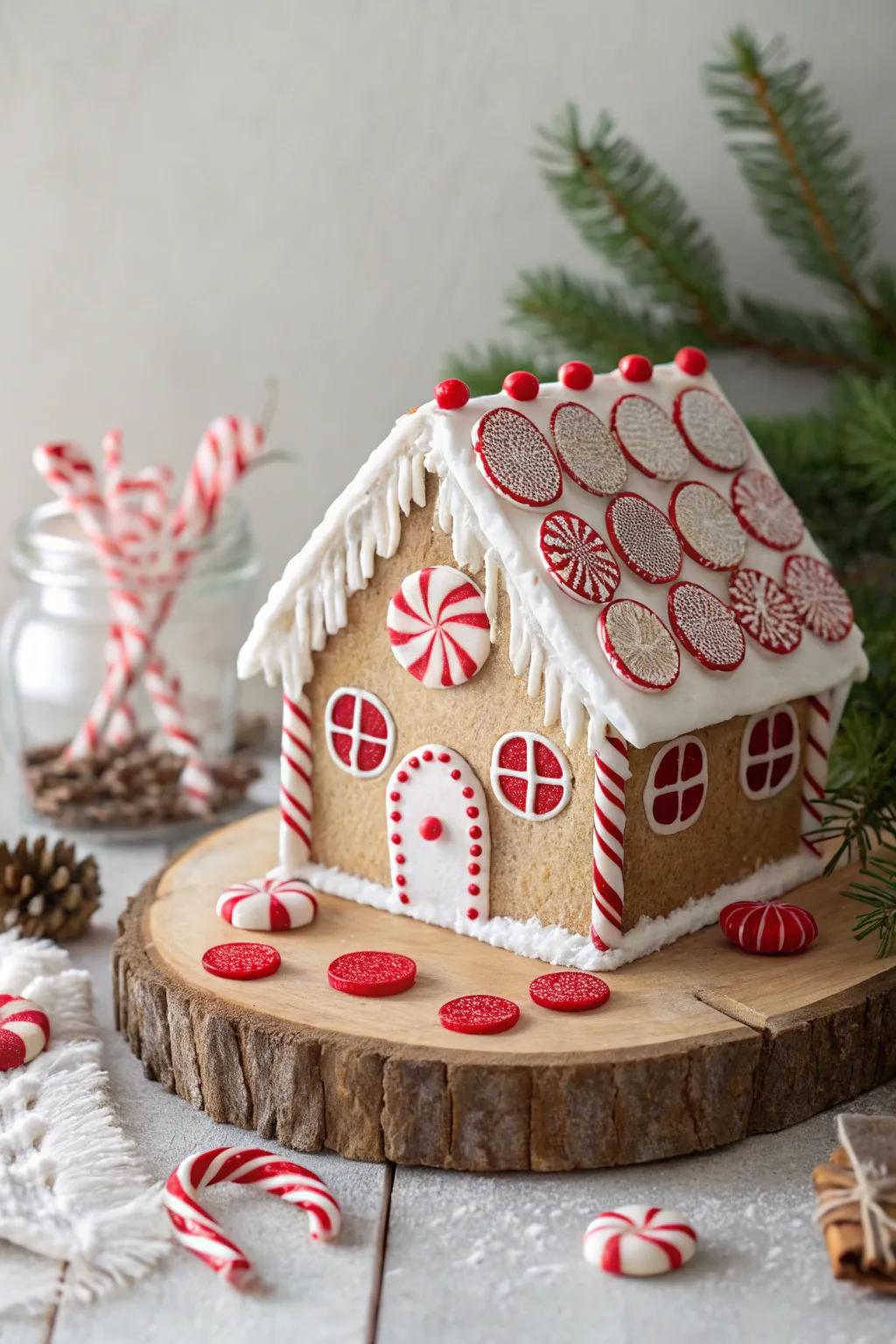 Embrace festive minimalism with this charming Peppermint Palace gingerbread house.