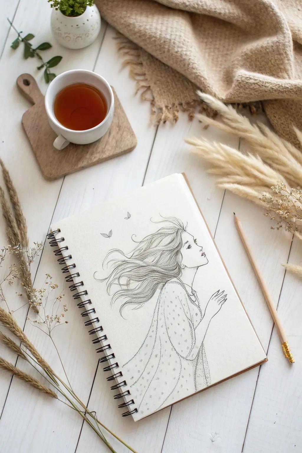 Embrace the art of simplicity with this serene sketch of a girl with wavy hair, where every line tells a story of natural beauty.