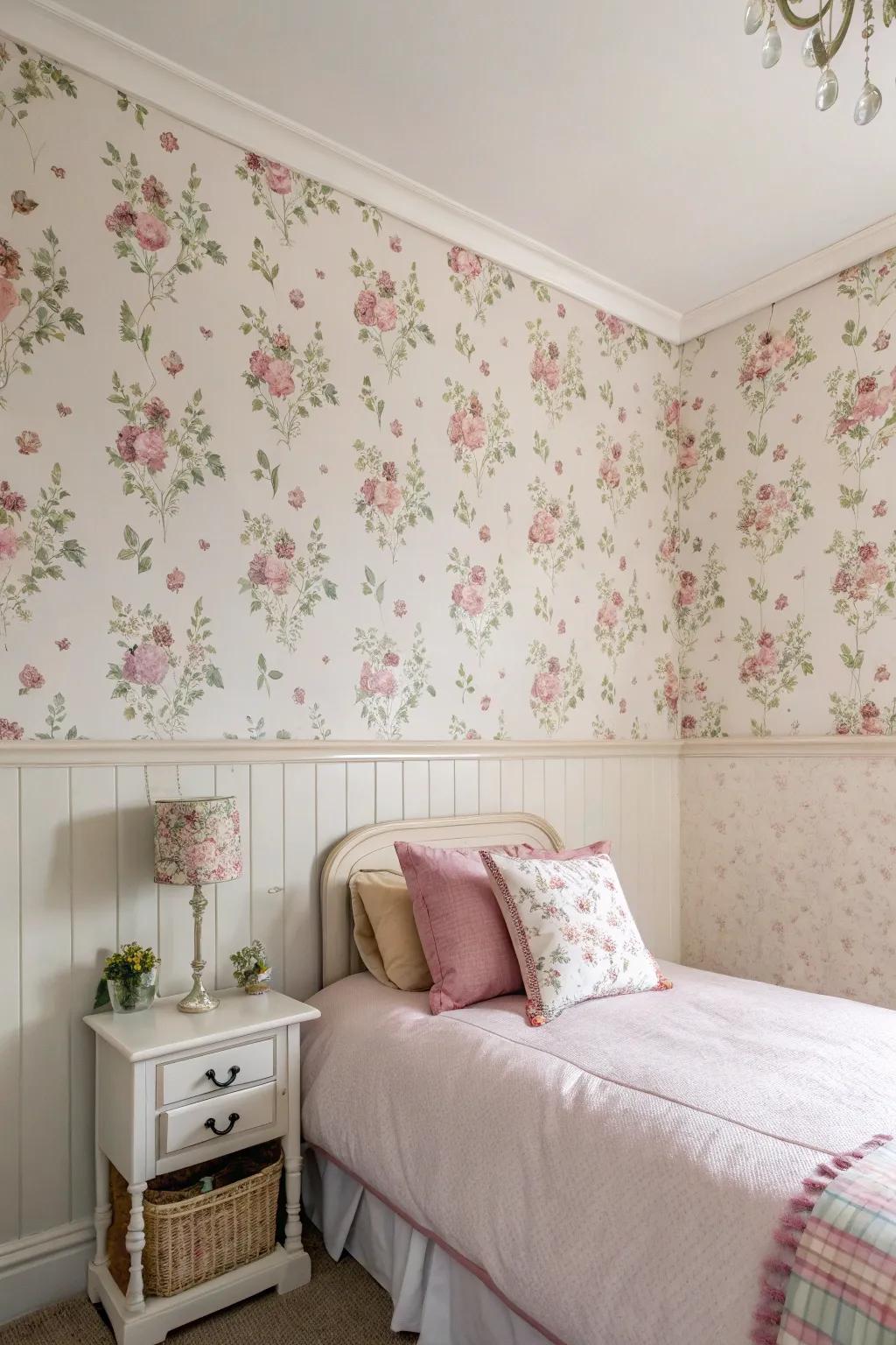 Vintage floral wallpaper adds timeless charm.