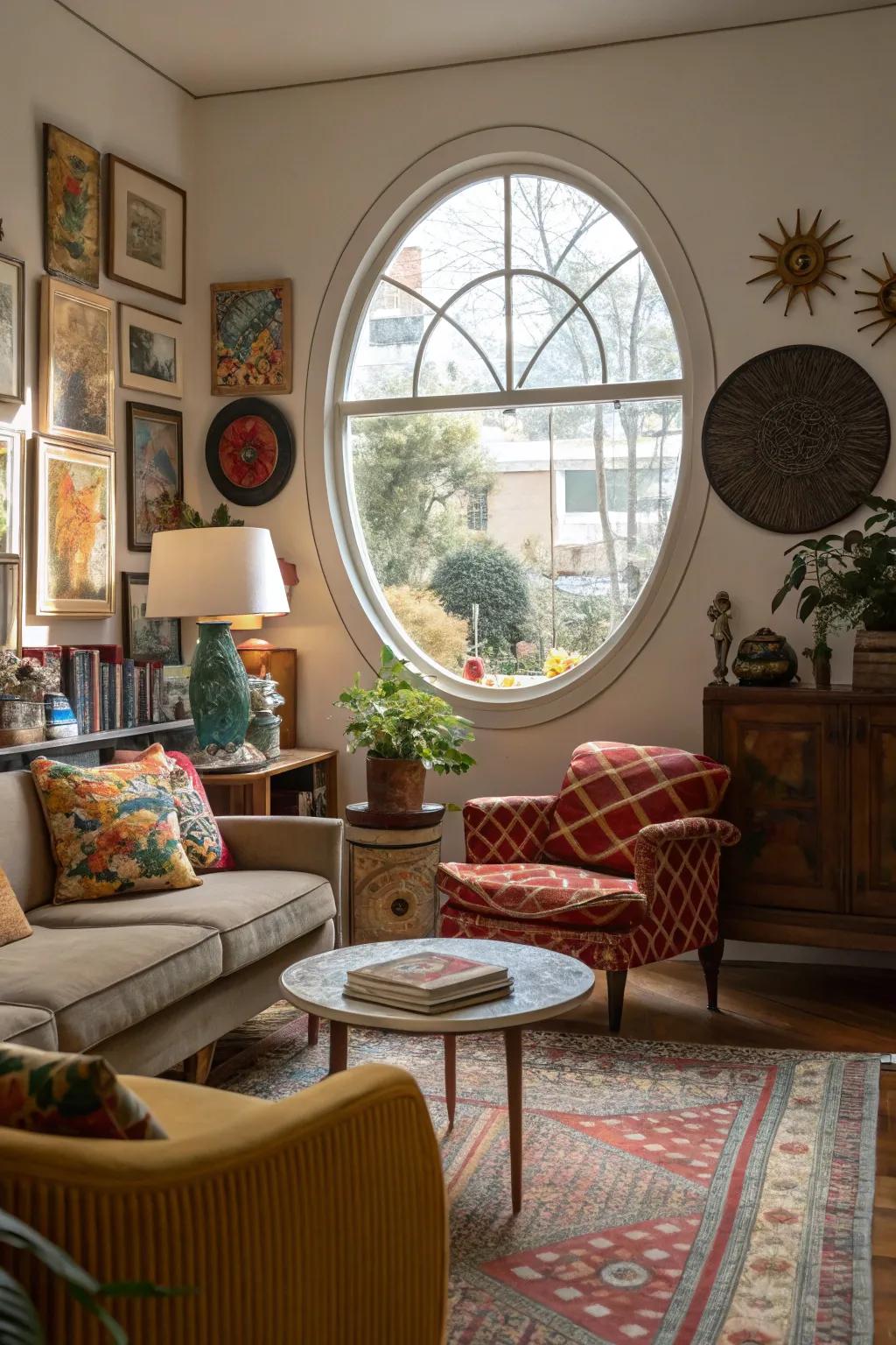 A circular window adds a touch of whimsy to this eclectic living room.