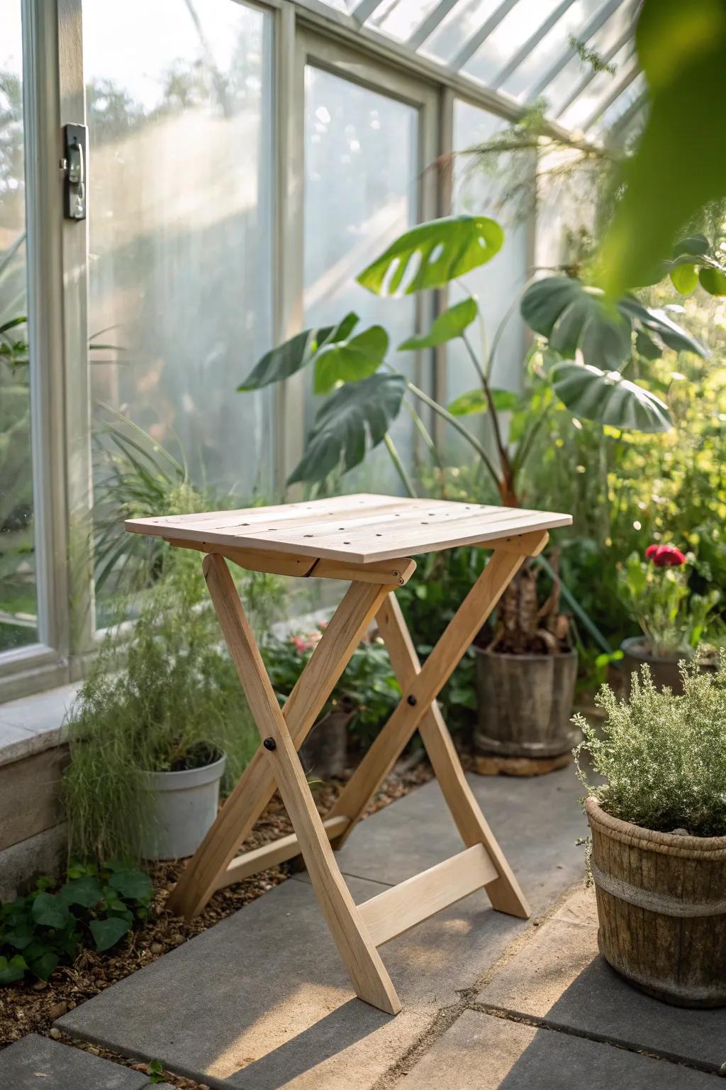 Embrace elegance and efficiency with this Scandinavian-inspired foldable table, perfect for your cozy greenhouse sanctuary.