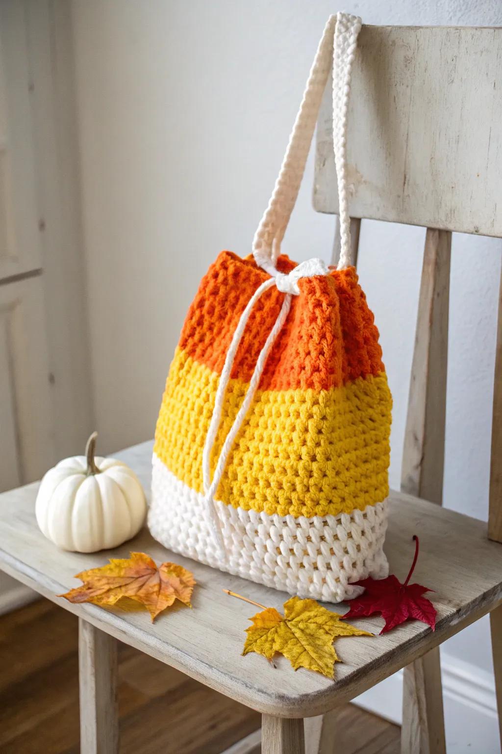 Embrace the spirit of Halloween with sustainable style: Crochet your way to a charming candy corn bag!