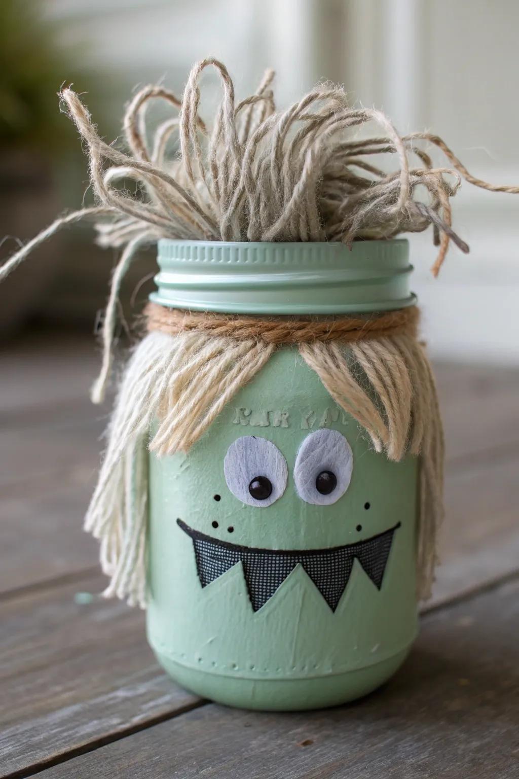 Craft your own adorable monster mason jar and bring a touch of whimsy to your Halloween decor!