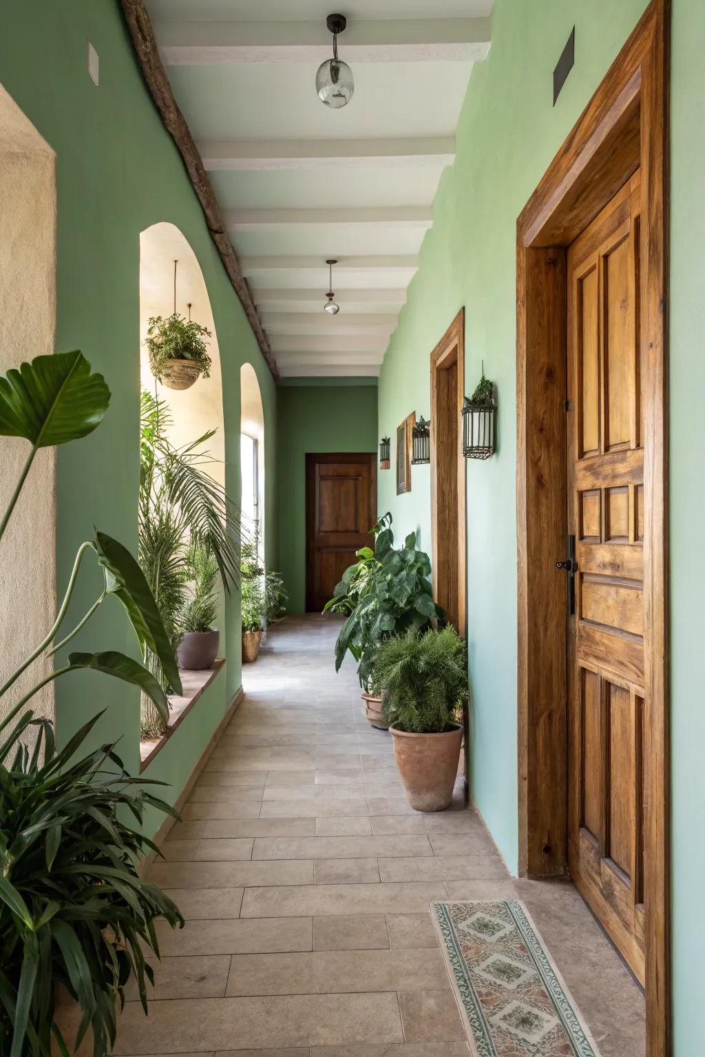 Earthy greens create a tranquil and refreshing hallway atmosphere.