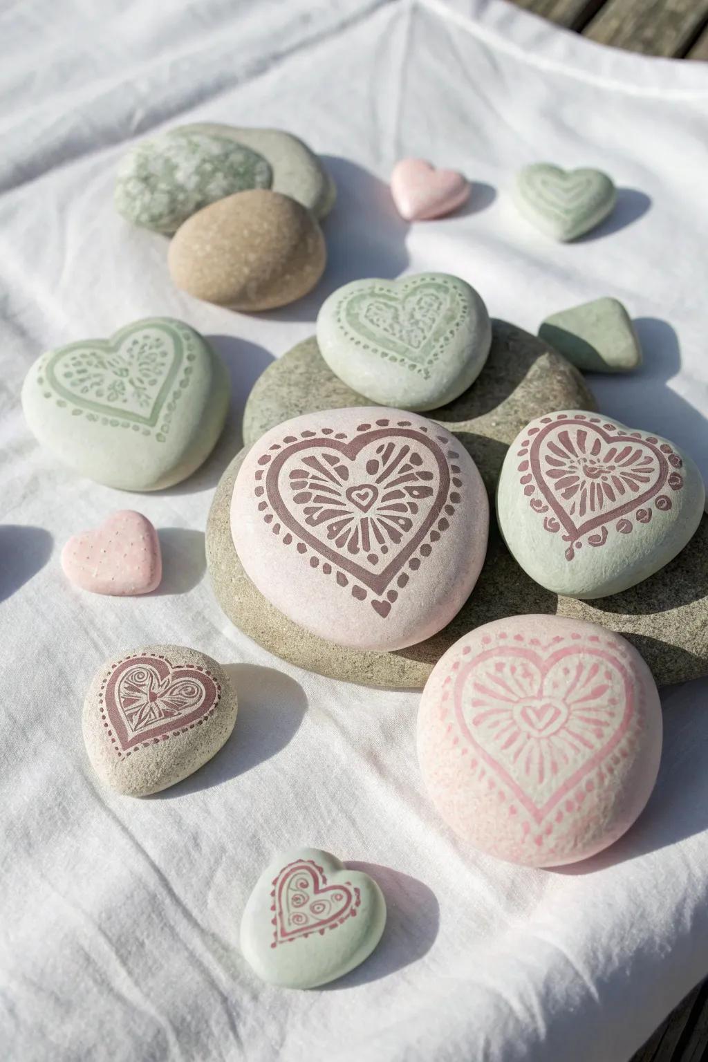 Discover the art of heart rock painting with a harmonious blend of sizes and soft pastel hues.