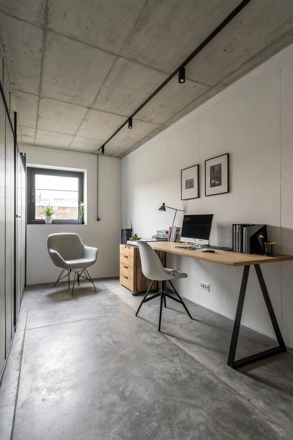 Concrete flooring provides a sleek, industrial edge to your workspace.