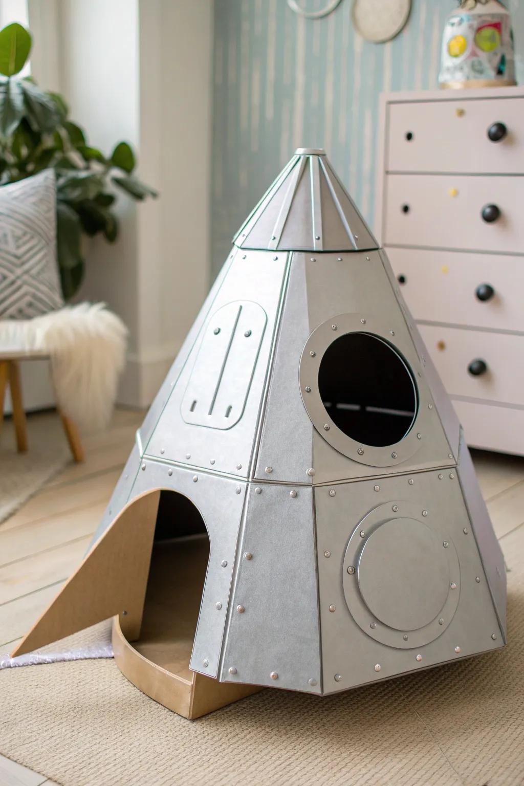 Blast off into style with this chic DIY cardboard spaceship for your feline adventurer. 🚀✨ #CatHouseDesign #ScandiBoho