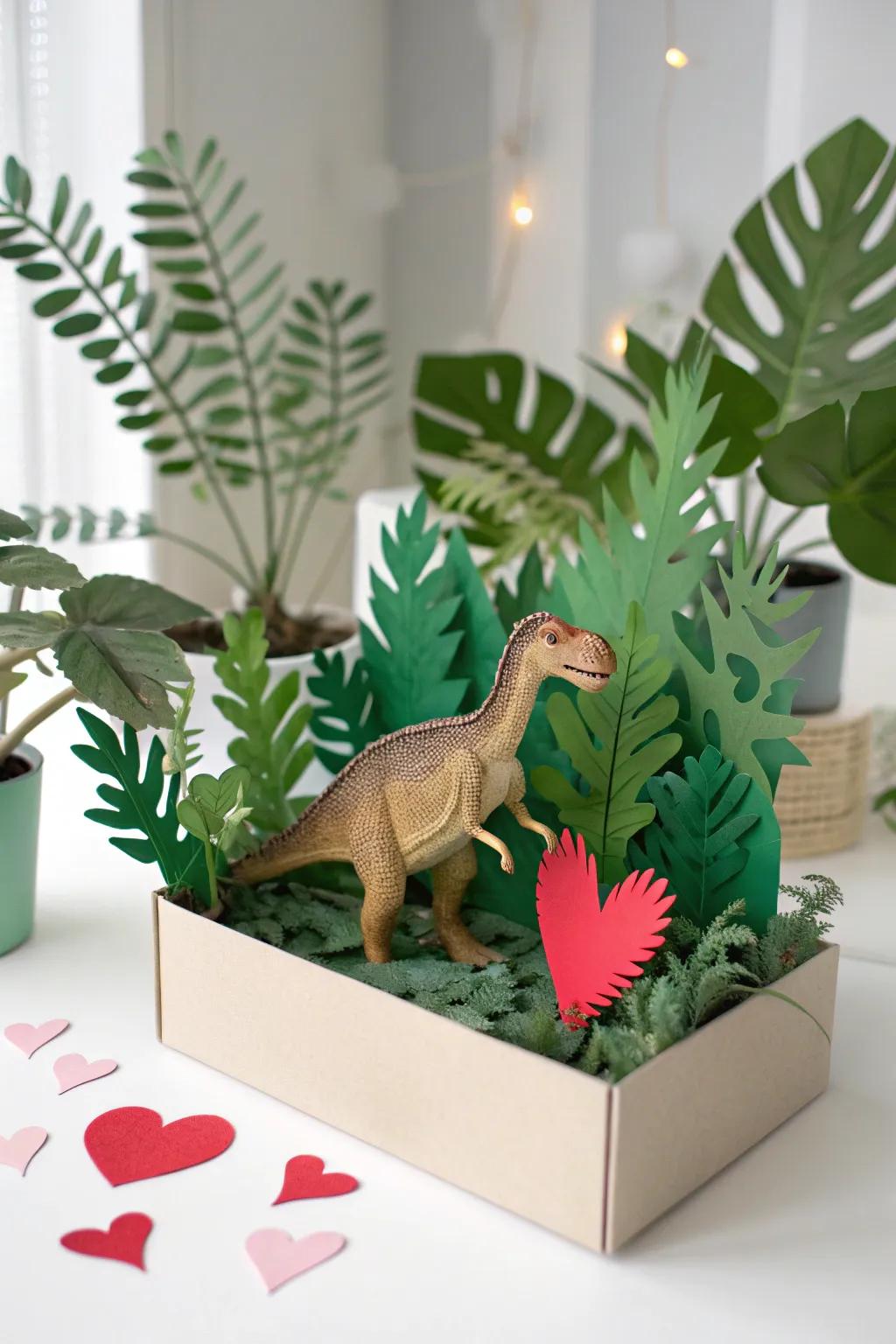 Delve into the charm of handcrafted dinos in a lush, minimalist jungle.