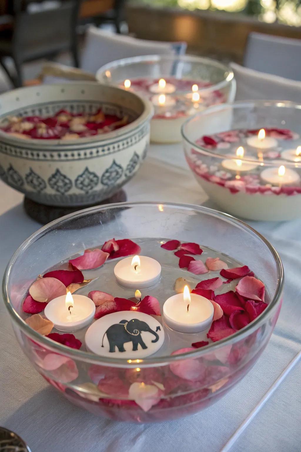 Serene floating elephant candle centerpiece.