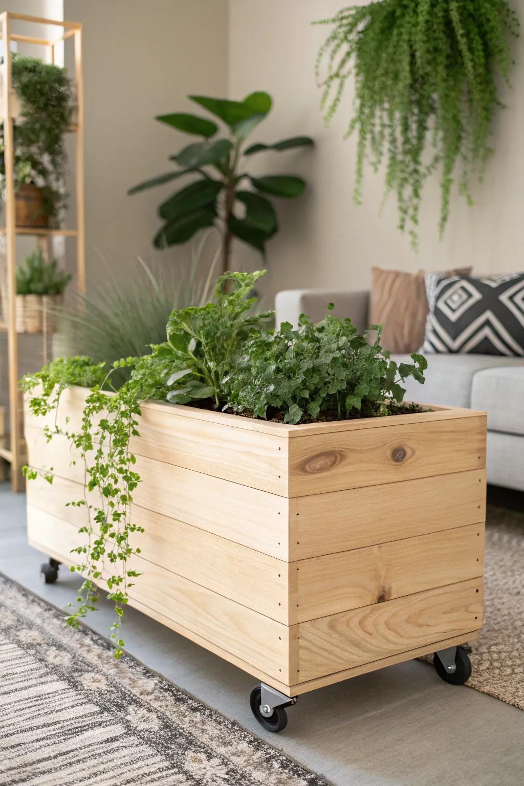 Roll into style with a wheeled planter, perfect for chasing the sun and bringing nature indoors effortlessly.
